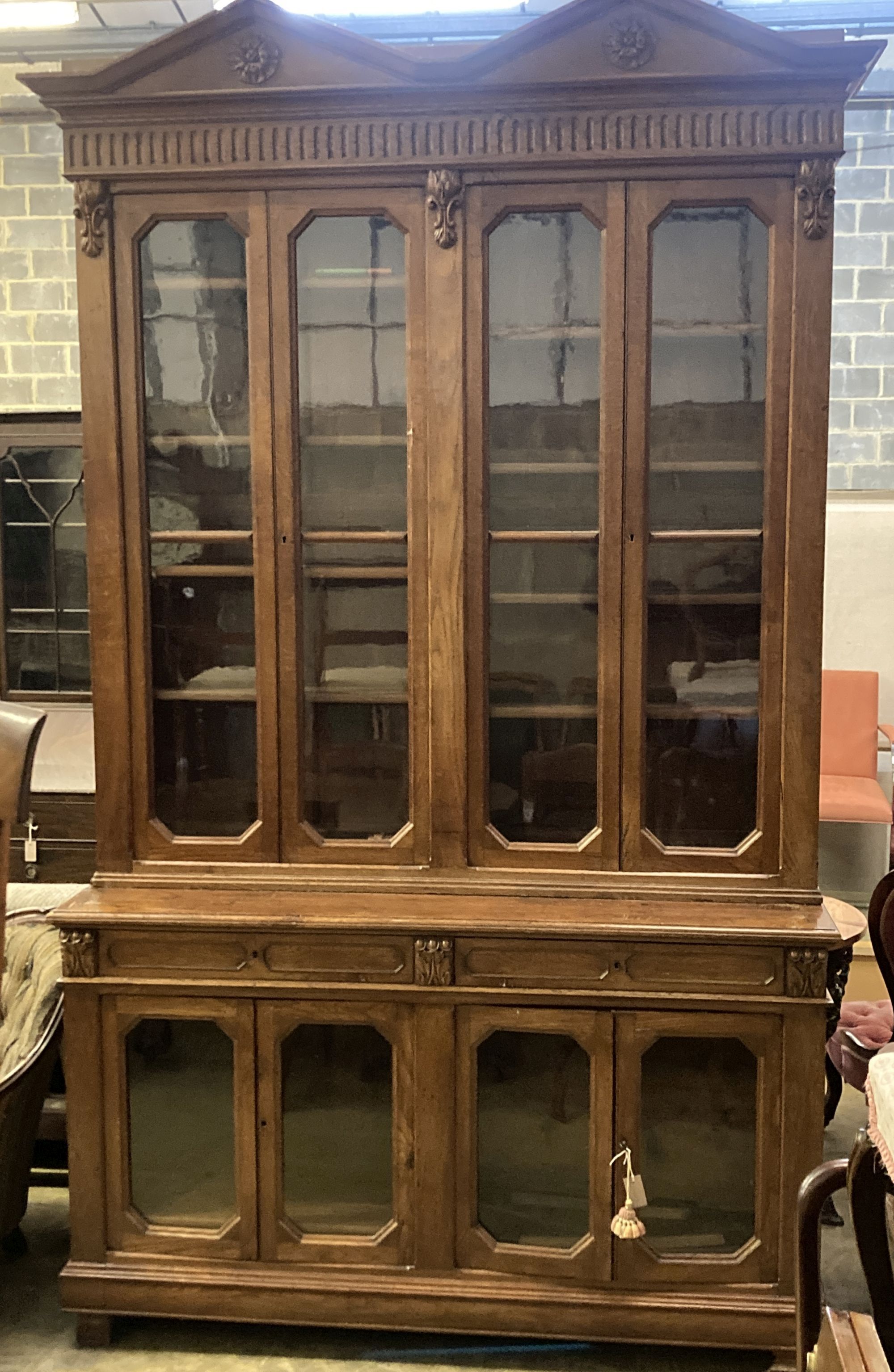 A Victorian oak library bookcase, length 160cm, depth 54cm, height 280cm